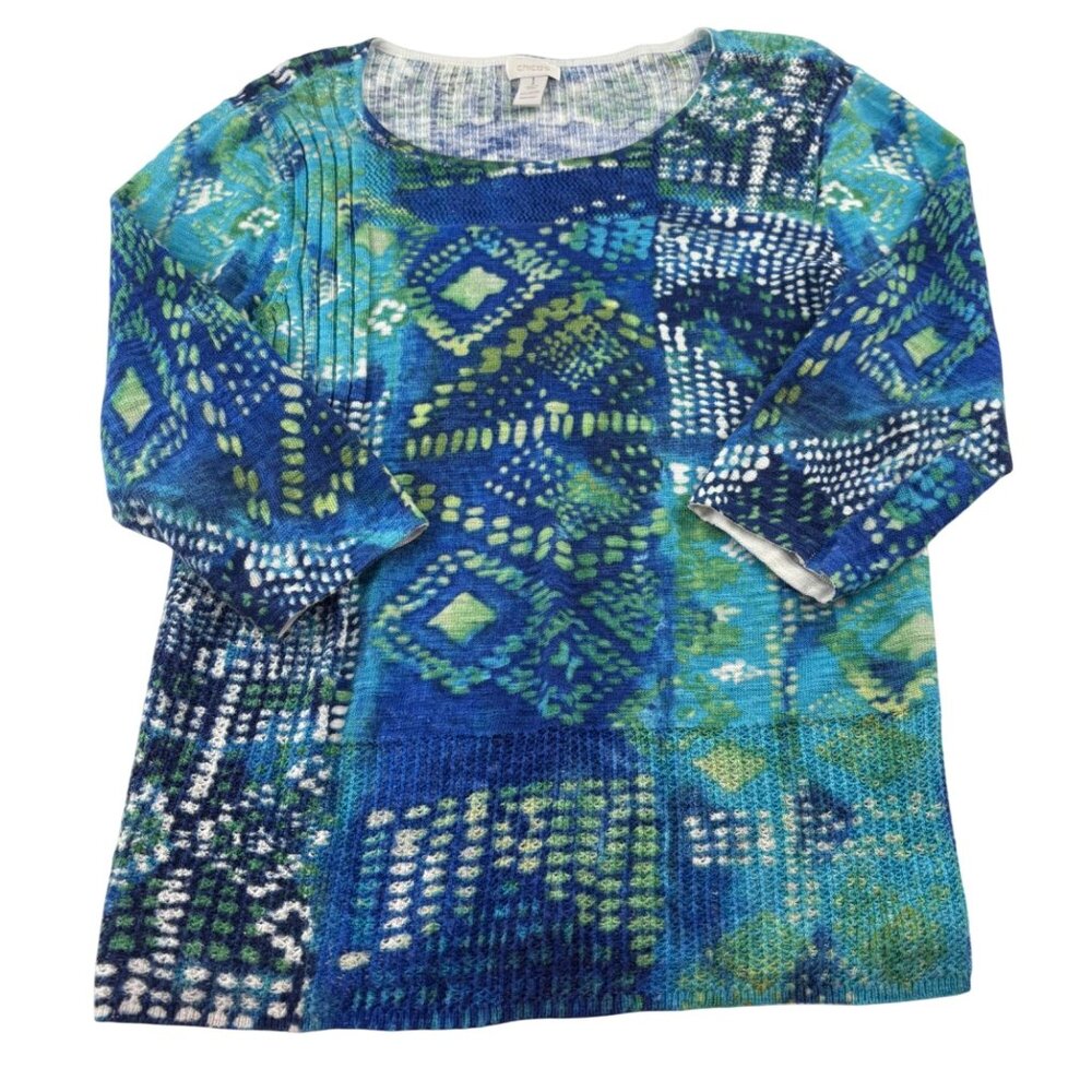 Chicos Women's Knit Top Size‎ 1 Small 3/4 Sleeves Blue Green Aztec Cotton Rayon
